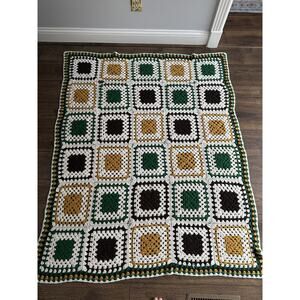 Vintage Granny Square Crochet Afghan Brown Cream Gold Green Multicolor Throw